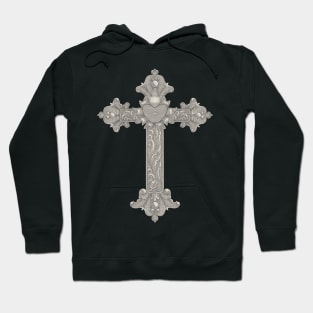 Christian wooden cross with heart and floral ornamental. Easter, symbol of Christianity,. hand drawing vintage engraving style illustration Hoodie